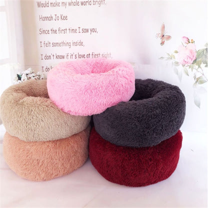 Round Plush Cat Bed - Long Hair Winter Nest