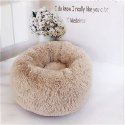 Round Plush Cat Bed - Long Hair Winter Nest
