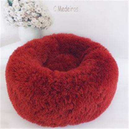Round Plush Cat Bed - Long Hair Winter Nest