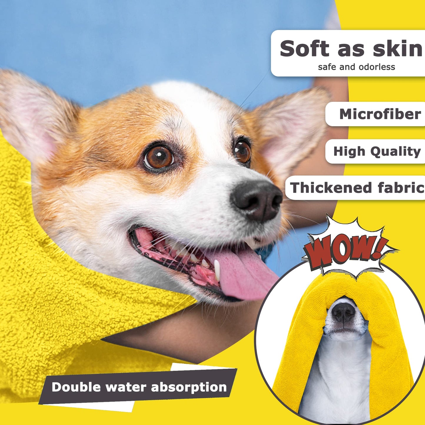 Serviettes pour chiens, serviettes de séchage, serviettes de bain pour chiens et chats, séchage rapide, en microfibre douce, peignoir ultra-absorbant à séchage rapide, pour chiens et chats, jaune